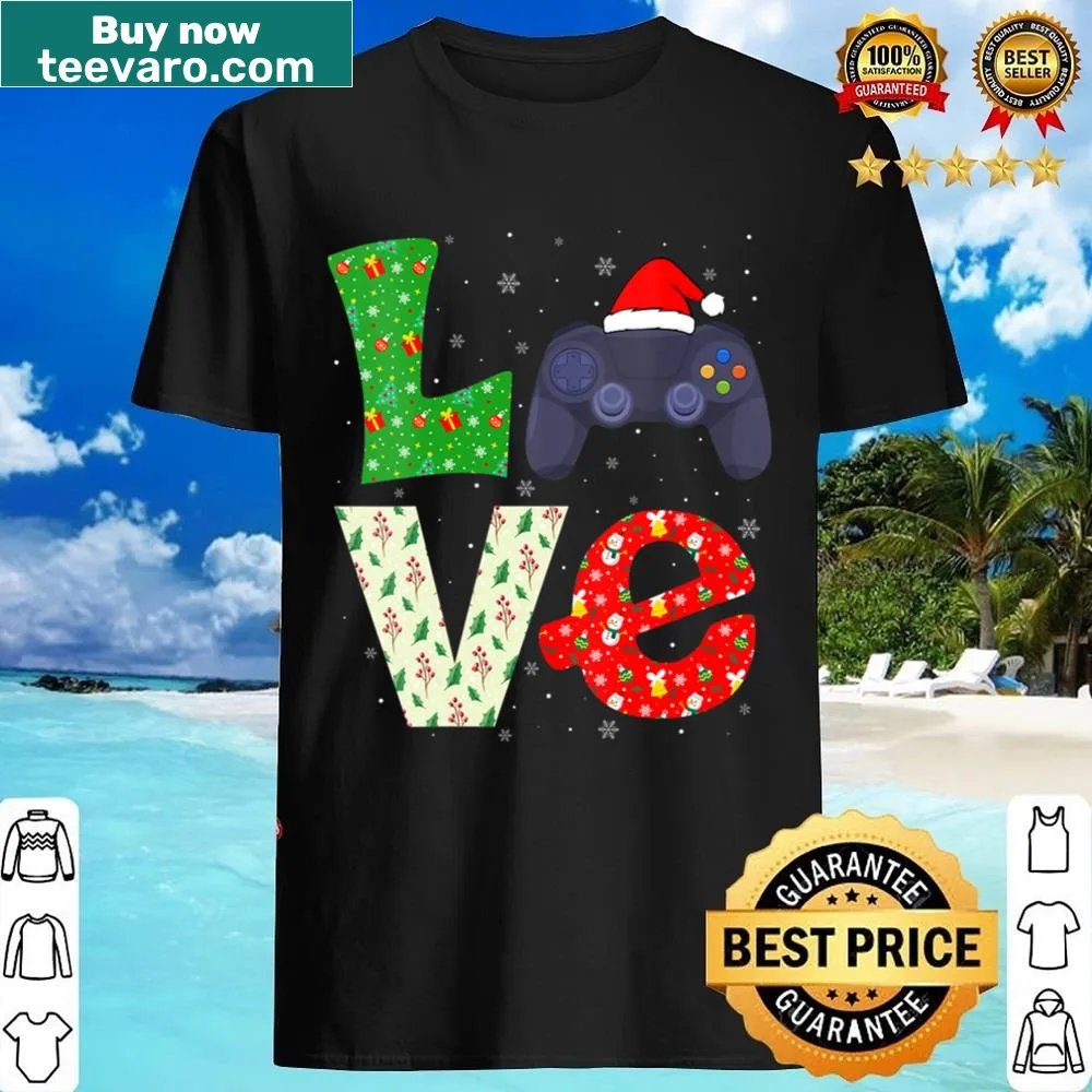 Fun gaming-themed Christmas V-neck shirt with Santa hat design