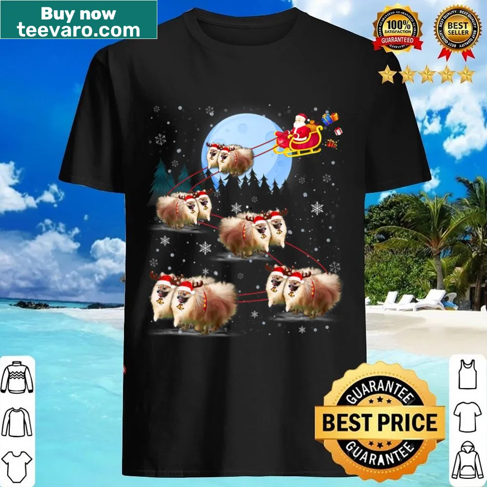 V-neck shirt with Pomeranian Santa and sleigh design