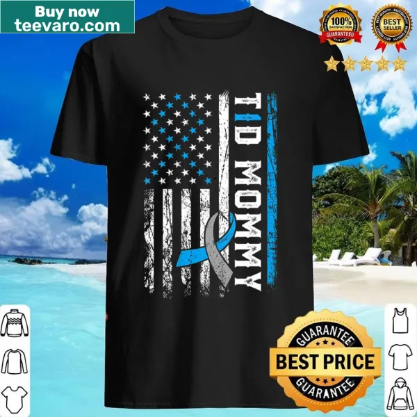 V-neck shirt with blue ribbon and USA flag for diabetes awareness