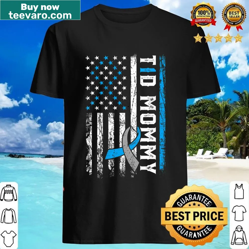 V-neck shirt with blue ribbon and USA flag for diabetes awareness