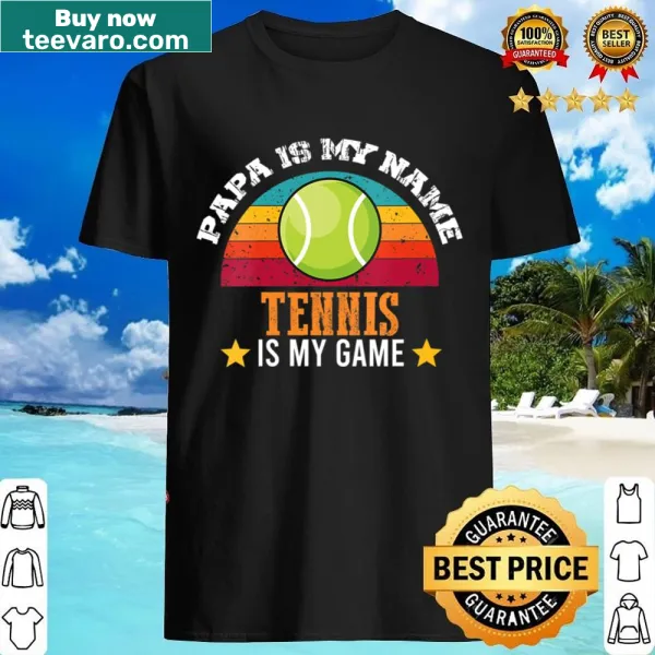 Funny V-neck shirt for dads with tennis graphics and text.