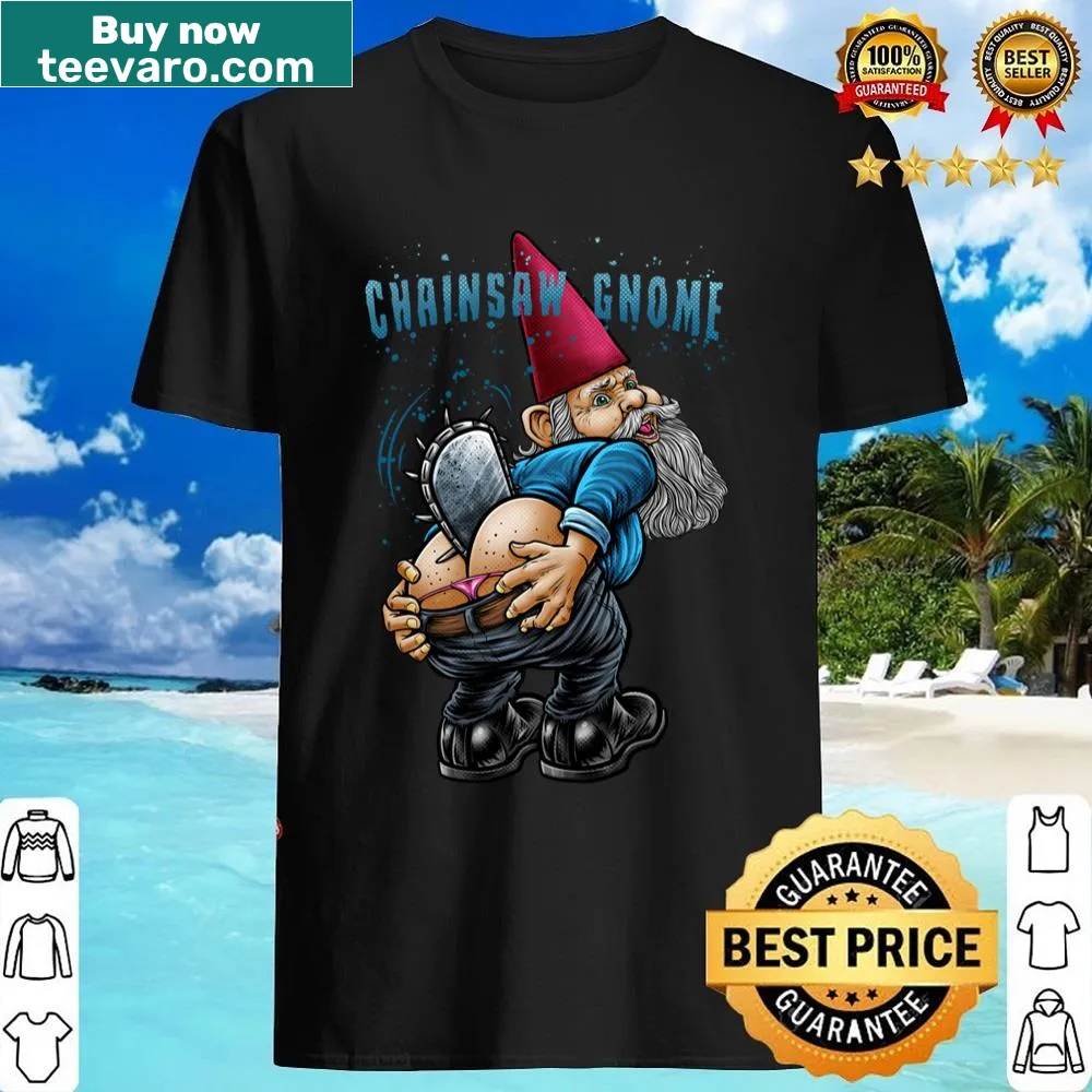 Whimsical gnome with a chainsaw illustrated on a shirt
