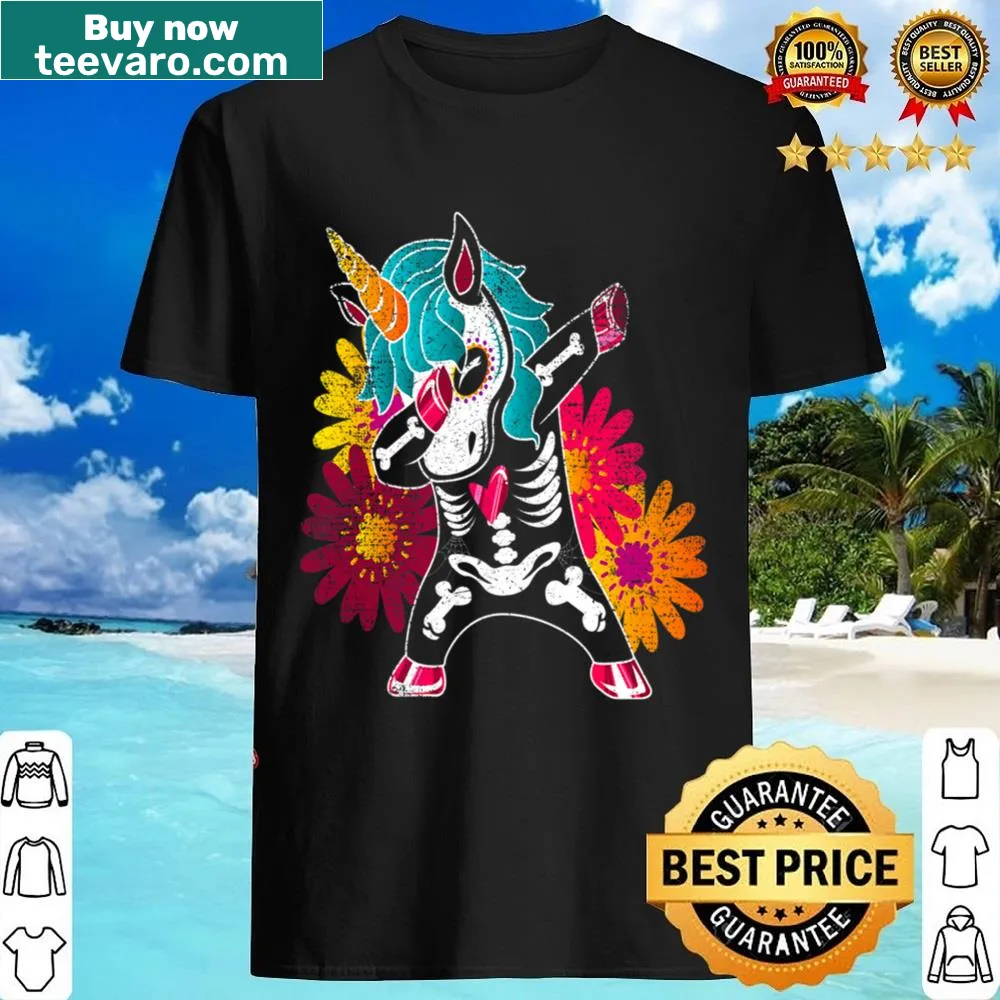 Vintage style unicorn sugar skull dabbing design on a shirt