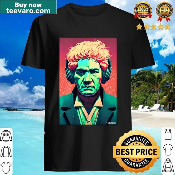 Illustration of Beethoven with DJ headphones on a t-shirt.