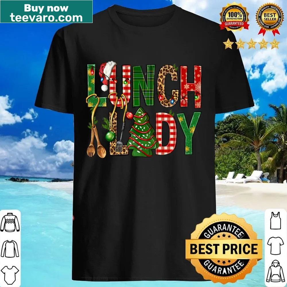 Cartoon lunch lady Santa with Christmas tree design
