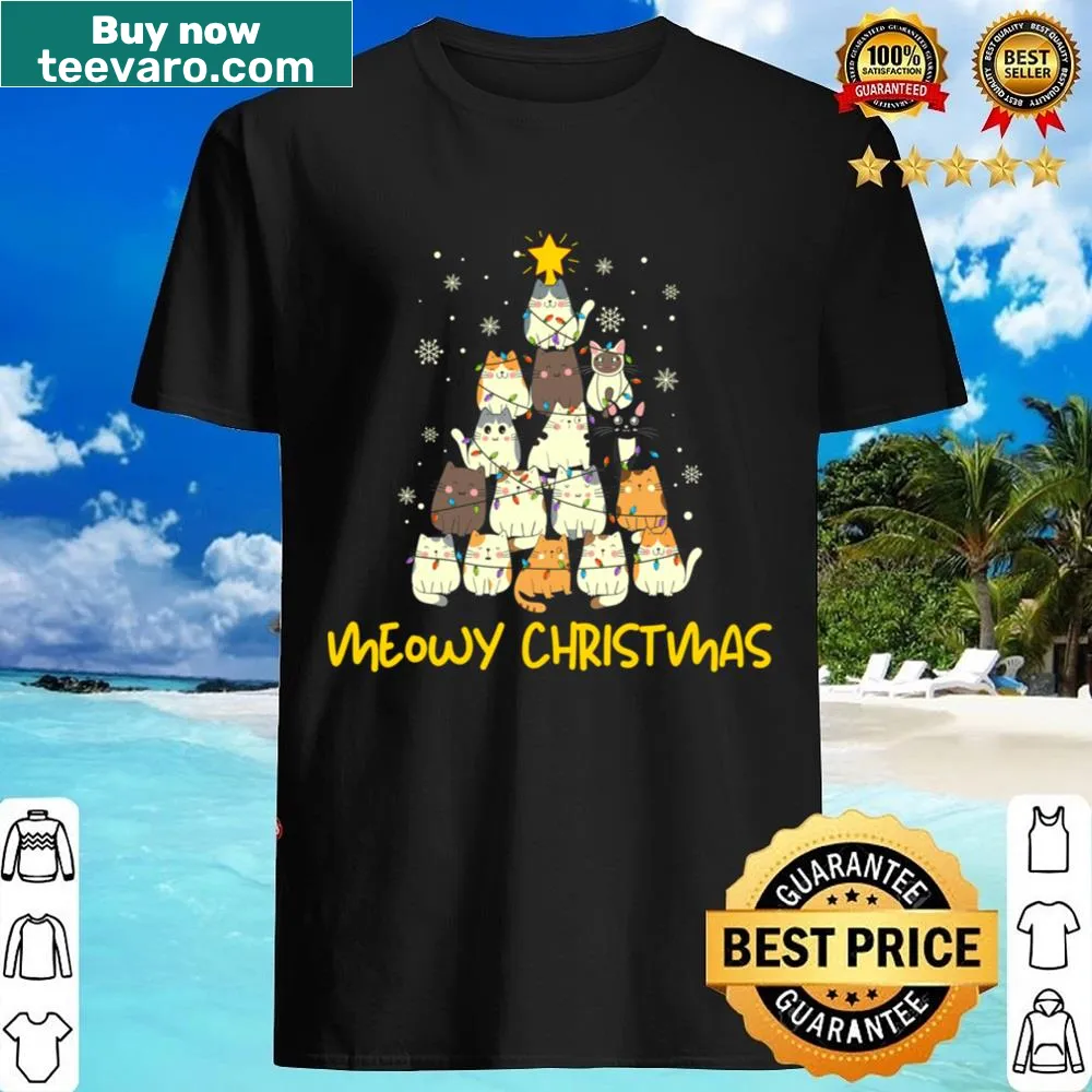 Meowy Christmas shirt featuring a playful cat graphic