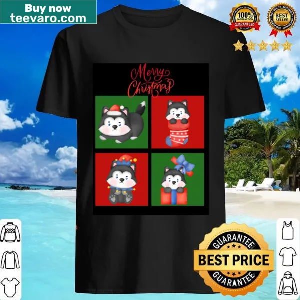 Merry Christmas shirt featuring huskies on a black background