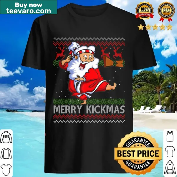 Cartoon Santa in karate gi on a holiday shirt