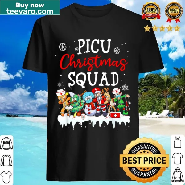 Festive shirt with Santa, elves, and PICU nursing theme