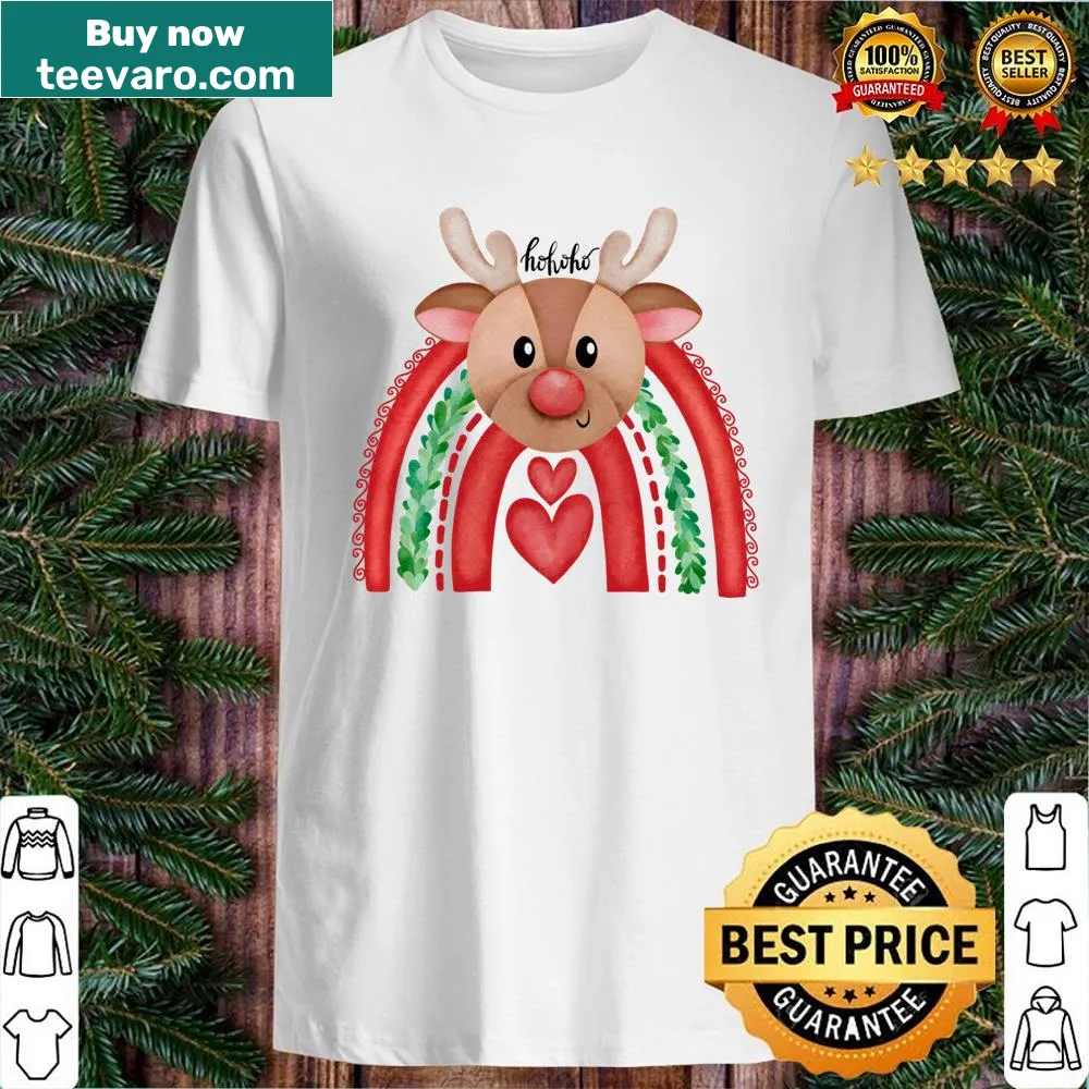 Whimsical rainbow deer graphic on a festive Christmas shirt.