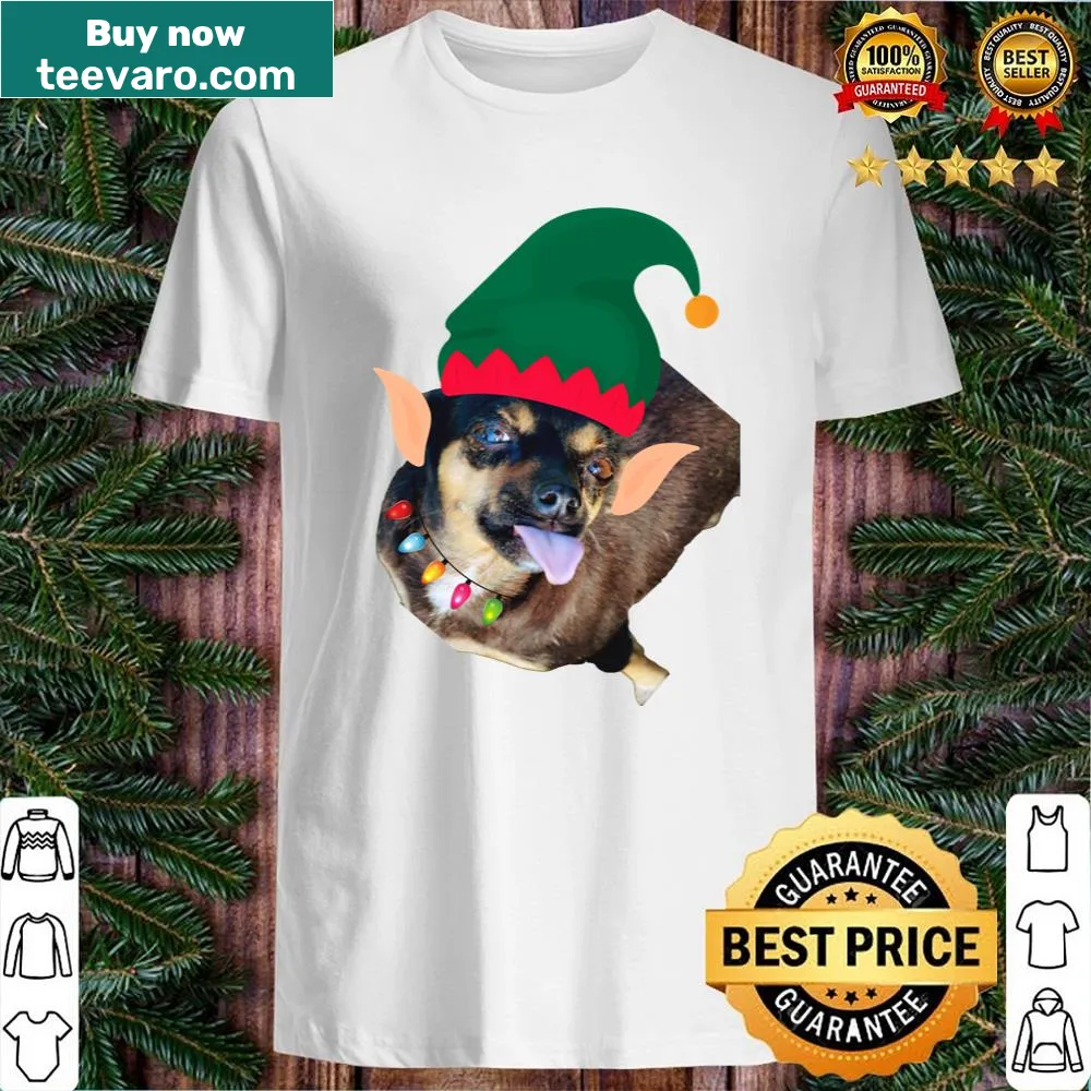 Funny Christmas shirt featuring a puppy with an elf hat and Christmas lights