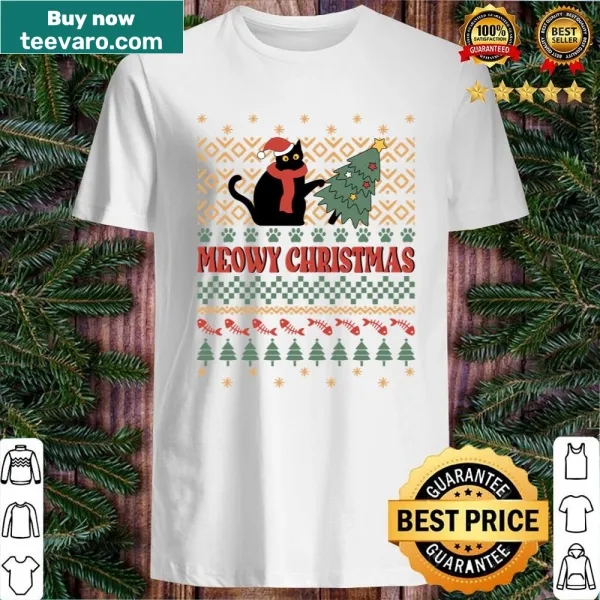 Cute cat-themed Christmas shirt with 'Meowy Chistmas' text