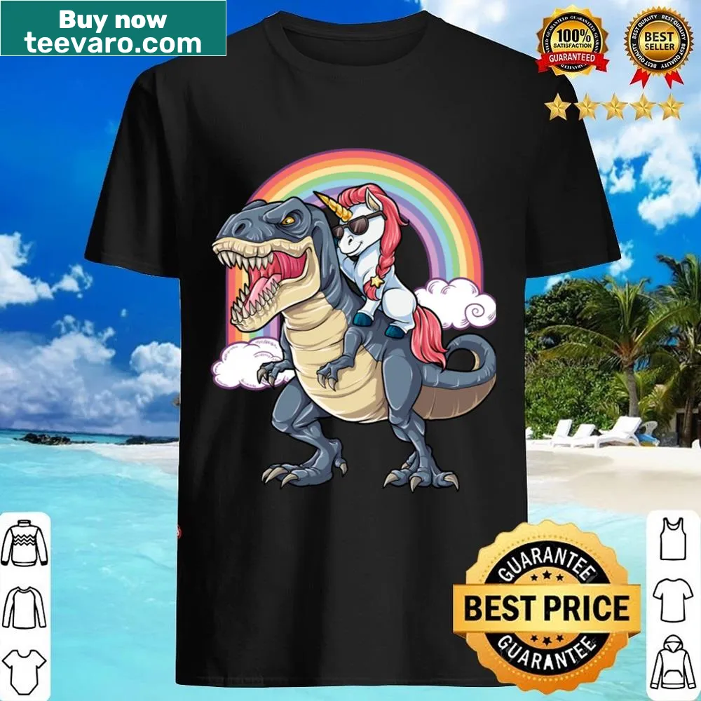 Cartoon shirt with a unicorn riding a T-Rex for kids