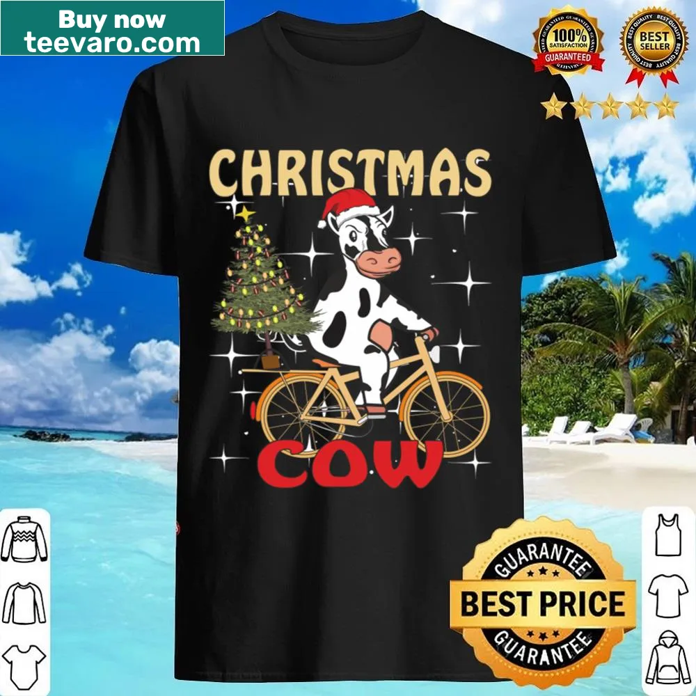 Cartoon cow riding a bike in a festive design for Christmas shirt.
