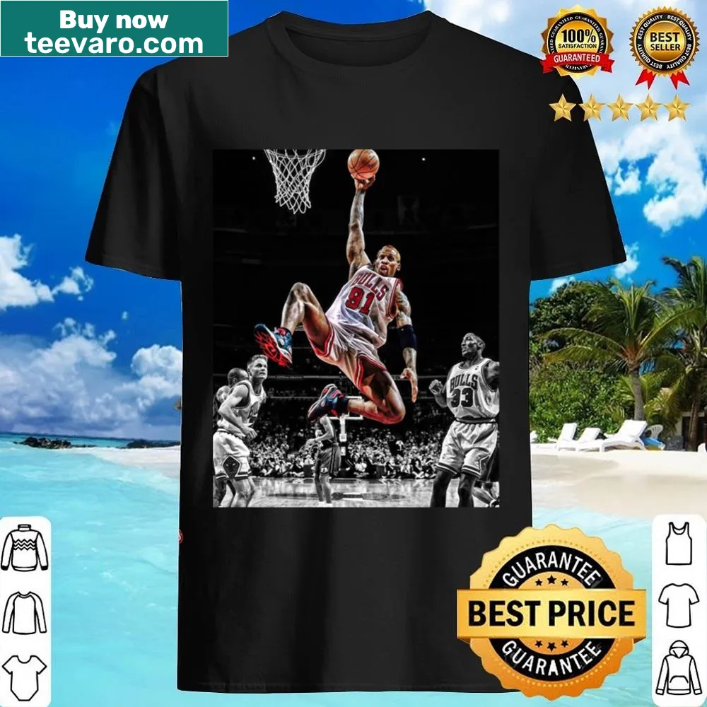 Illustration of Dennis Rodman dunking on a graphic t-shirt