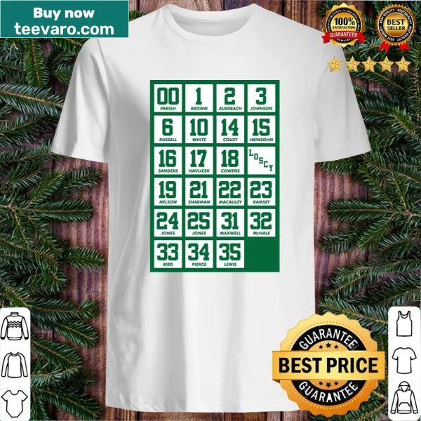 Shirt featuring retired numbers of Boston Celtics legends