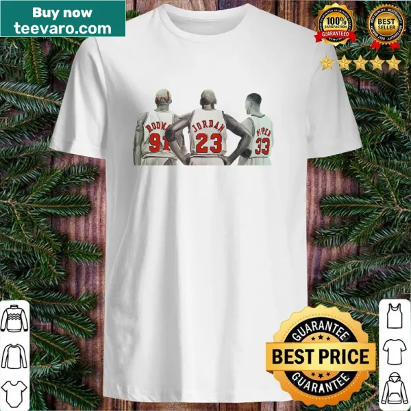 Illustrative shirt featuring basketball legends Rodman, Jordan, and Pippen
