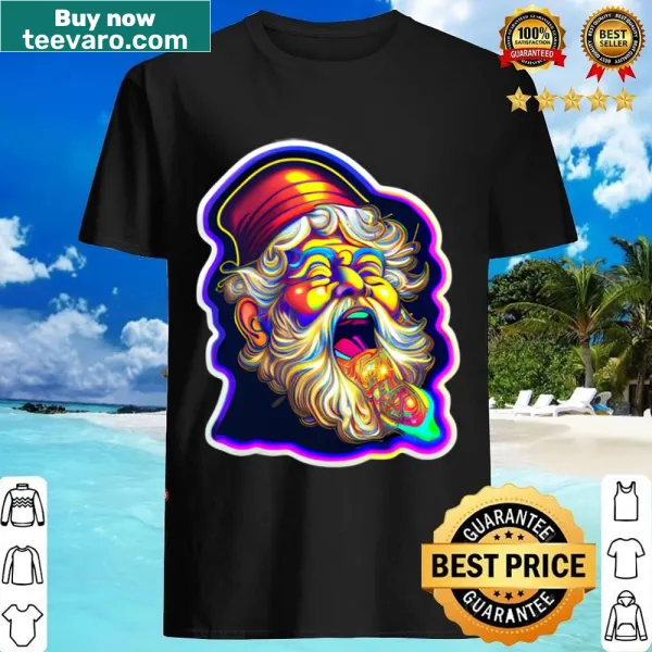 Quirky Santa Claus graphic with a trippy design on a festive shirt