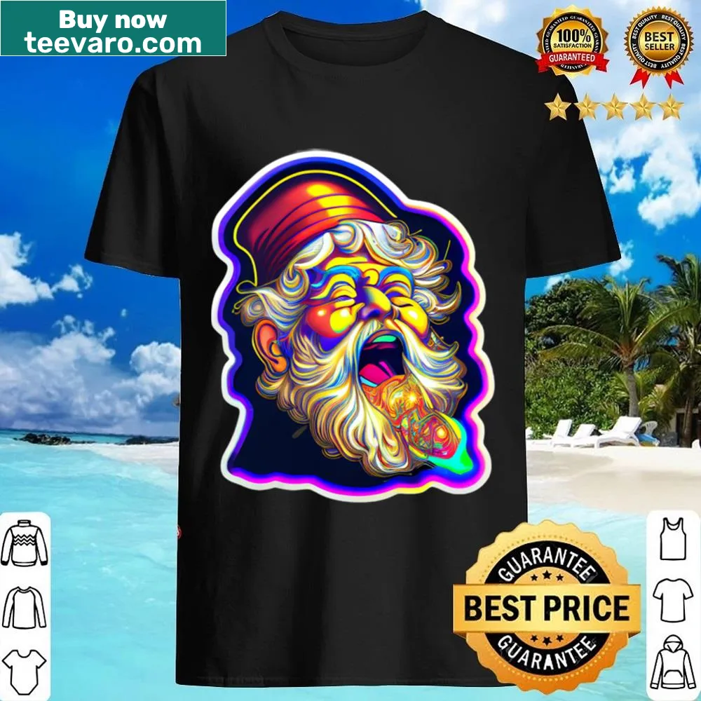 Quirky Santa Claus graphic with a trippy design on a festive shirt