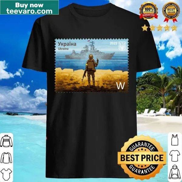 Stamp-style graphic of Warship Moskva on a T-shirt