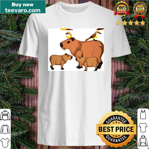 Illustration of a capybara surrounded by birds on a t-shirt