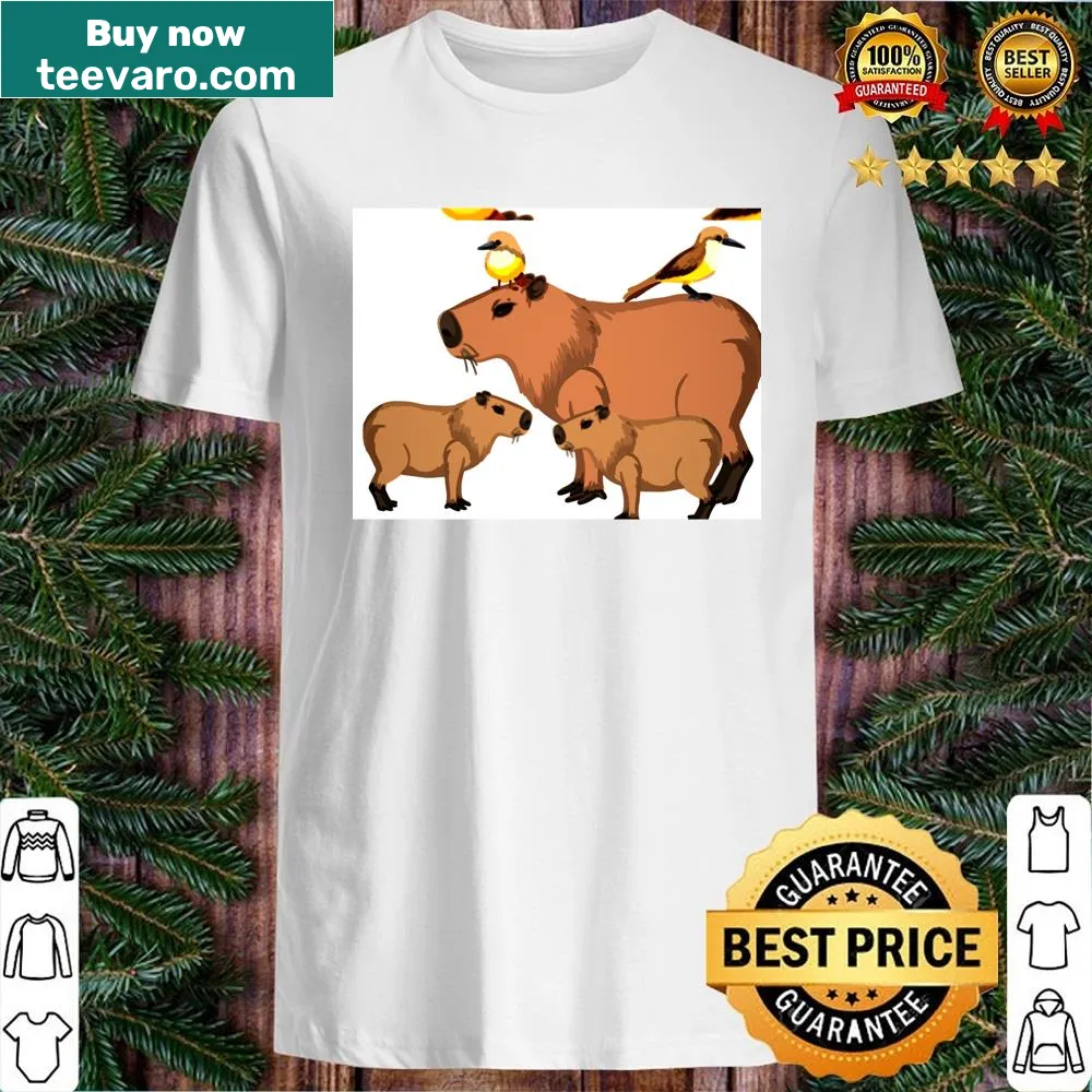 Illustration of a capybara surrounded by birds on a t-shirt