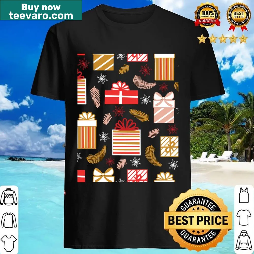 Seamless pattern of Christmas gifts on a classic t-shirt design.