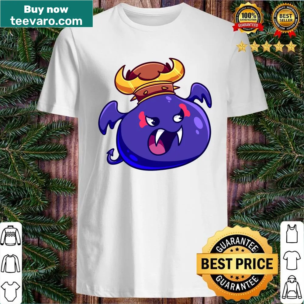 Cartoon graphic of a dark king slime character on a T-shirt.