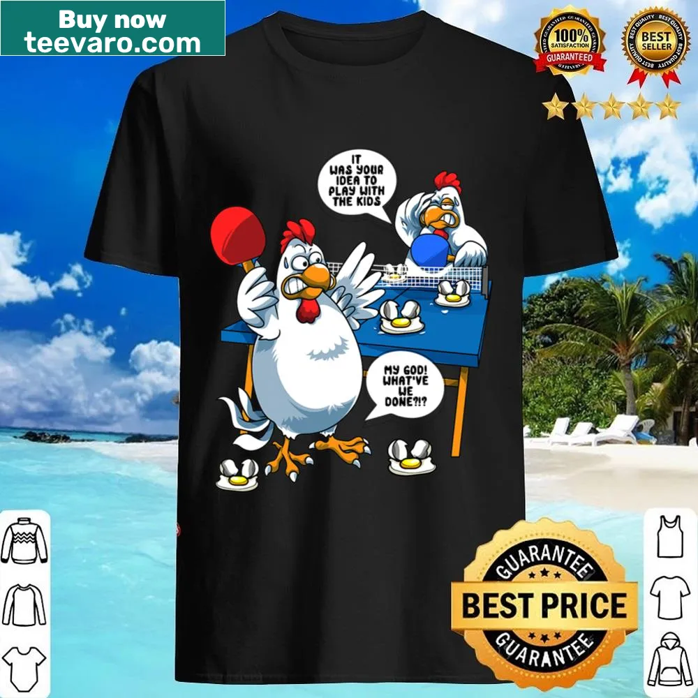 Funny chicken playing ping pong graphic on T-shirt