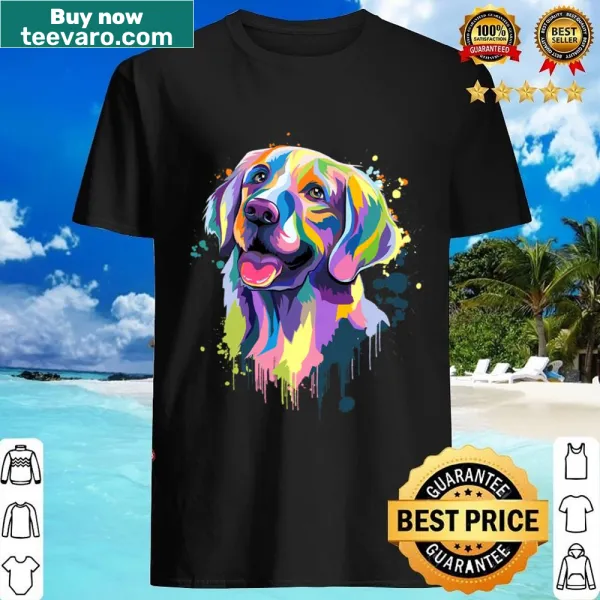 Colorful watercolor golden retriever face art on T-shirt