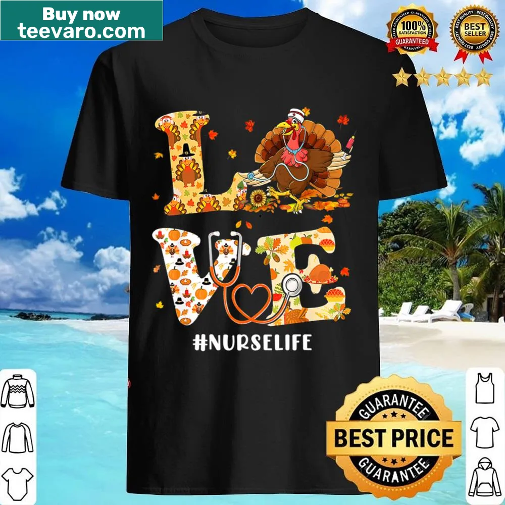 Thanksgiving-themed nurse T-shirt with turkey and stethoscope illustration