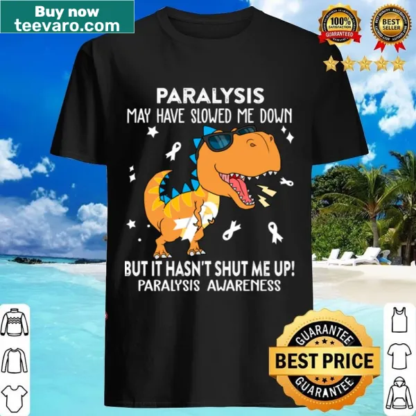 Dinosaur illustration on a T-shirt promoting paralysis awareness.