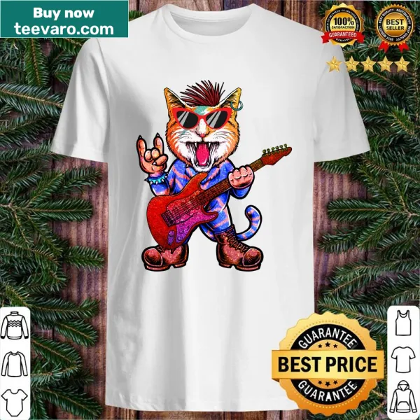 Punk kitten graphic on a T-shirt blending rock culture and humor.