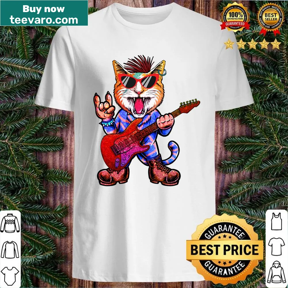 Punk kitten graphic on a T-shirt blending rock culture and humor.