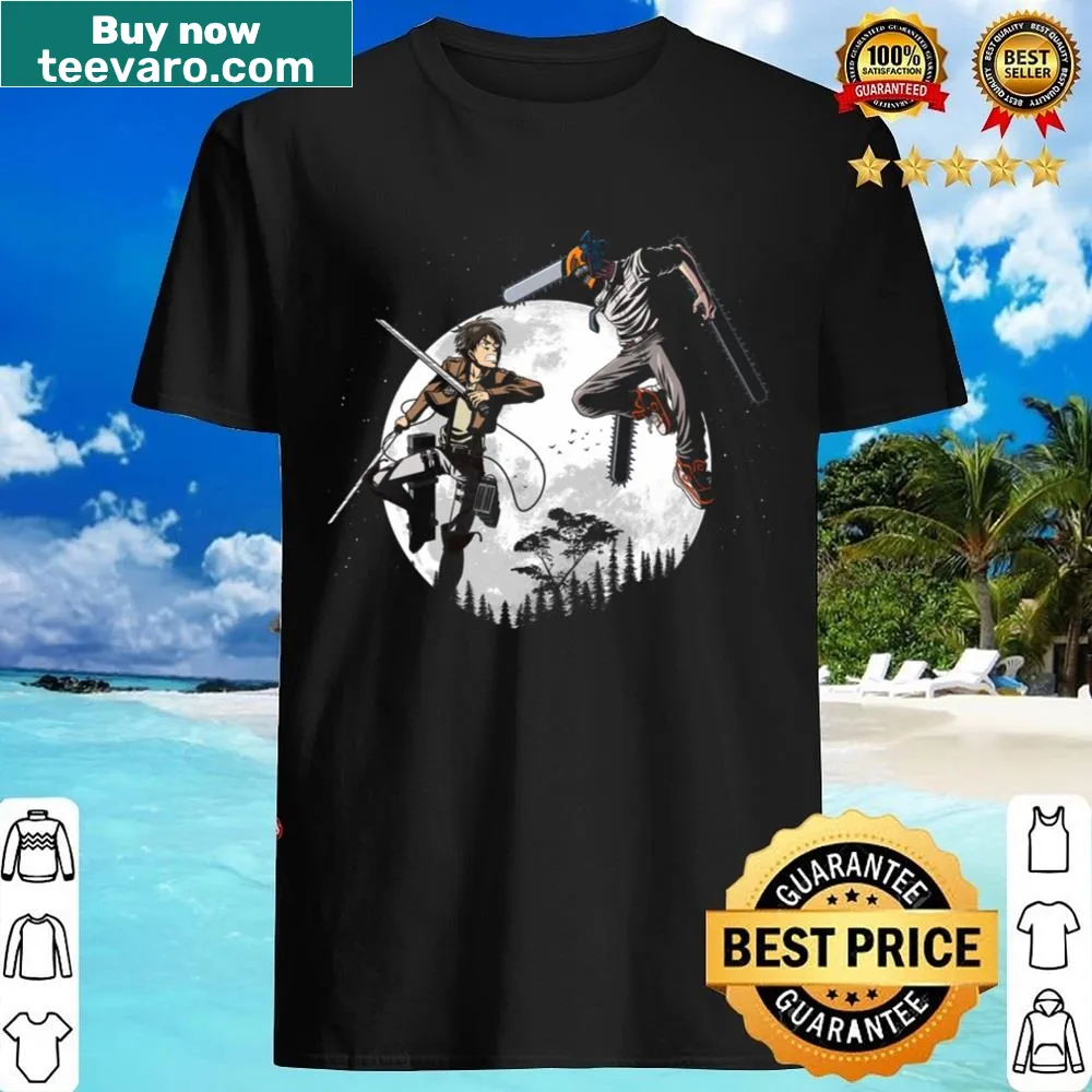 Titan vs chainsaw graphic t-shirt featuring a titan and a chainsaw in action