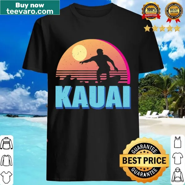 Vintage t-shirt featuring an illustration of Kauai, Hawaii's tropical landscape