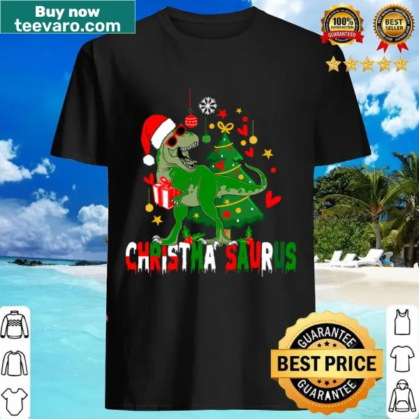 Christmasaurus graphic on festive family t-shirt