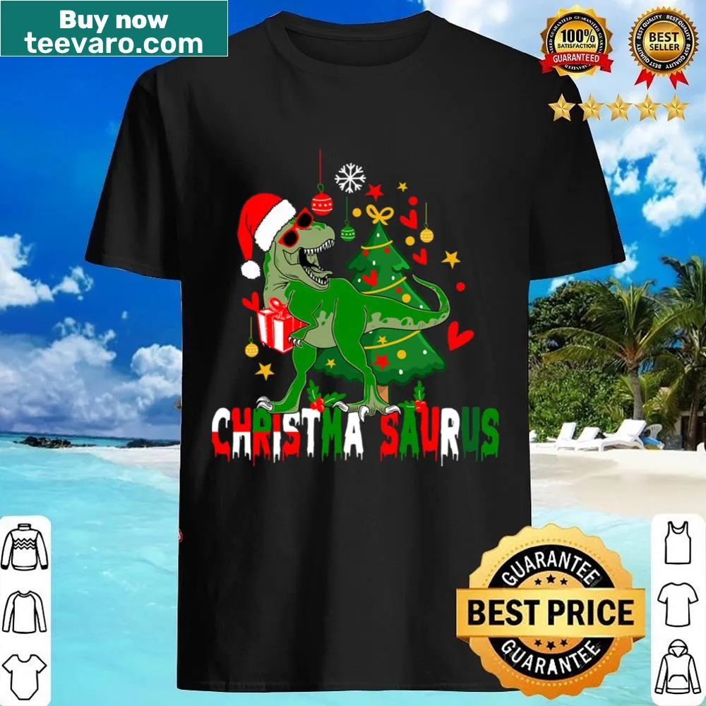 Christmasaurus graphic on festive family t-shirt