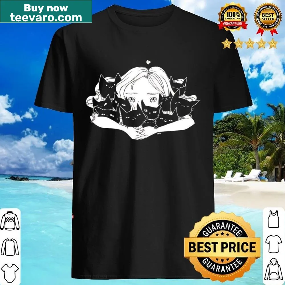 Cute anime girl hugging black cats design on a t-shirt
