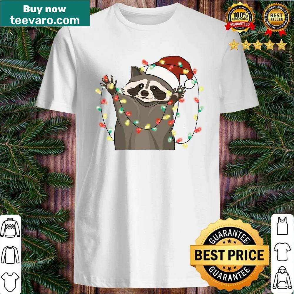 Festive raccoon in a Santa hat graphic on a Christmas T-shirt.