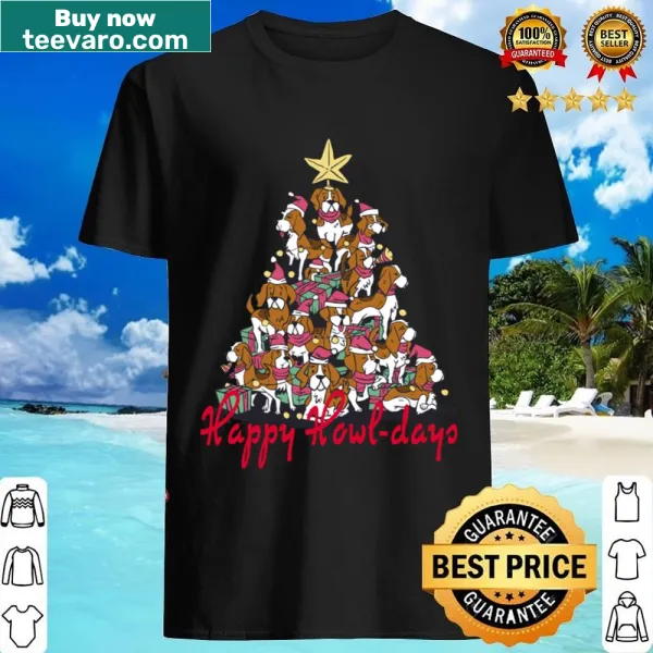 Beagle illustration next to a Christmas tree on shirt