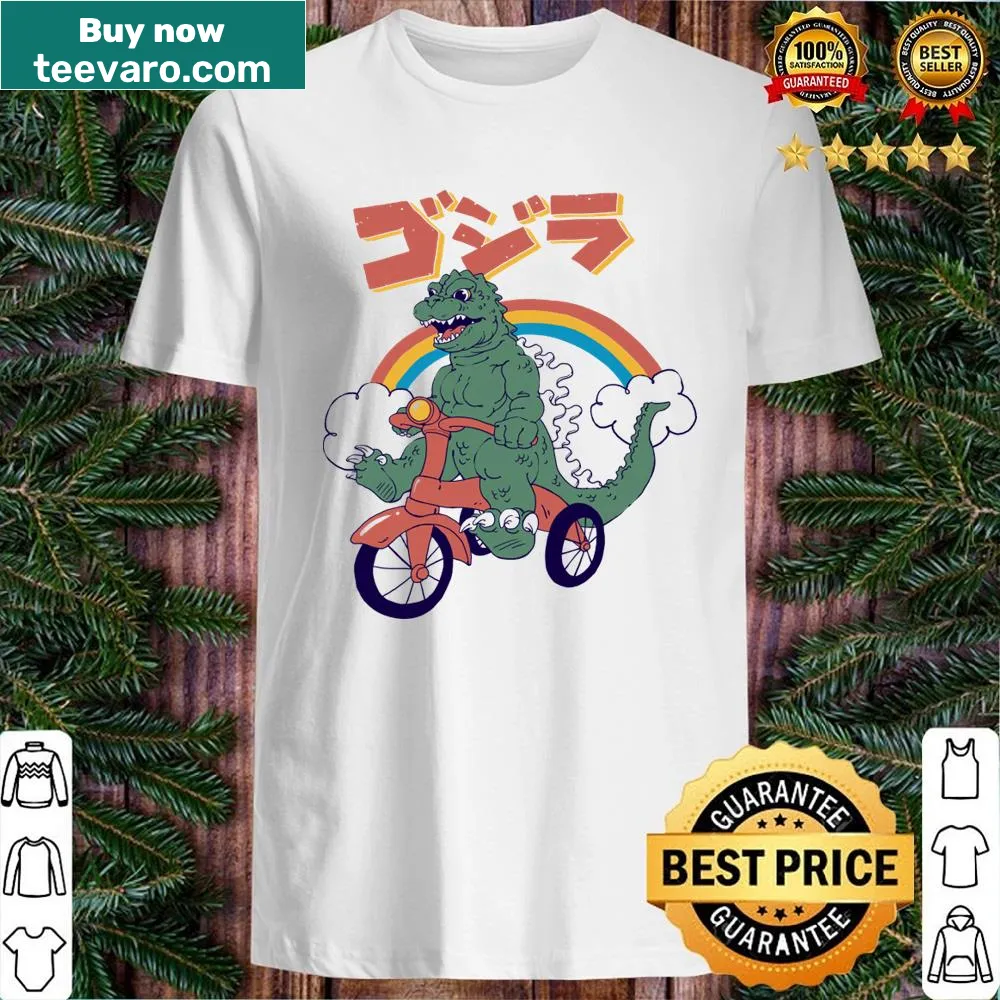 Kaiju-themed shirt featuring a giant creature on a bicycle