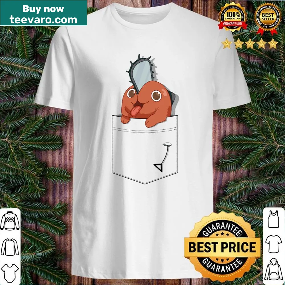 Illustration of Pochita peeking from a pocket on a t-shirt
