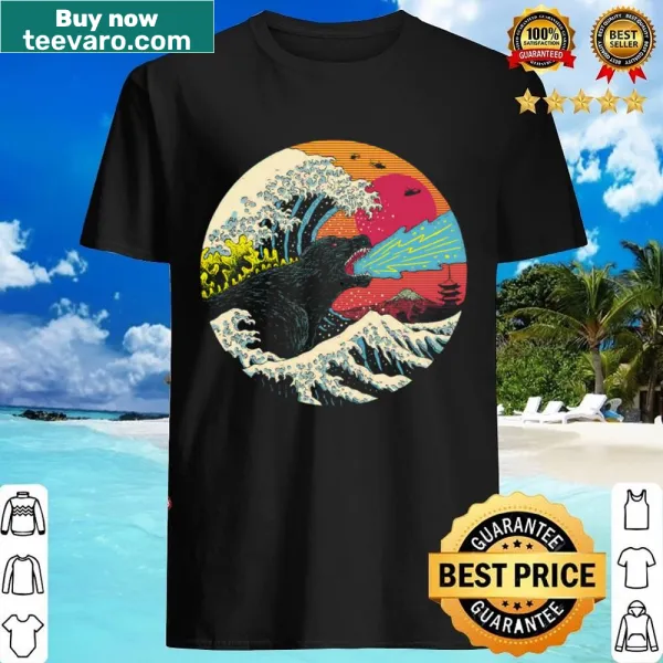Whimsical kaiju graphic with waves on a Retro Wave Kaiju t-shirt