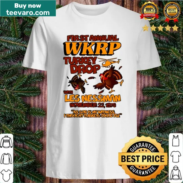 Commemorative shirt featuring the Wkrp Turkey Drop scene for Thanksgiving