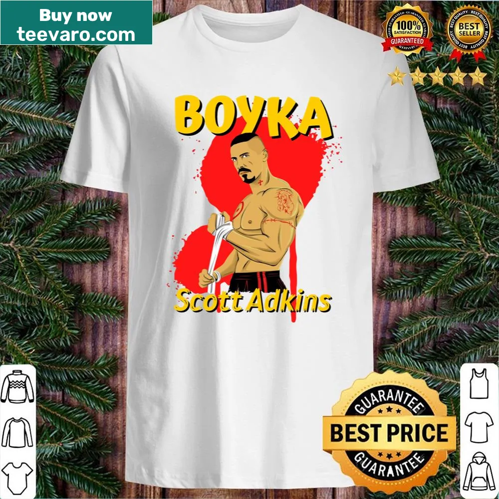 Illustration of Boyka from Scott Adkins' films on a shirt.