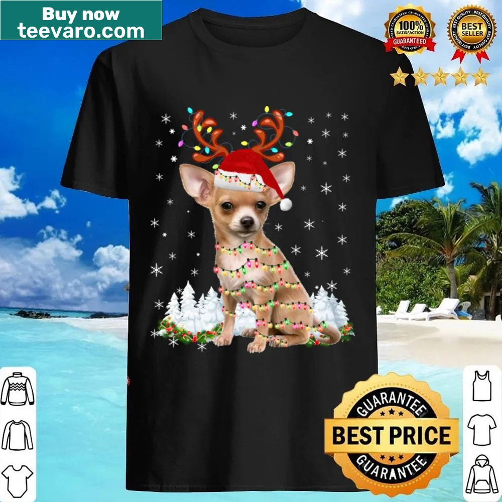 Chihuahua wearing a Santa hat surrounded by Christmas lights illustration