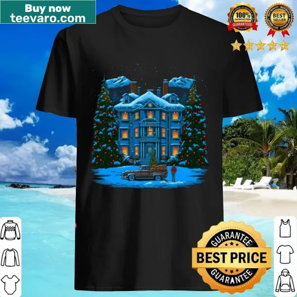 Vintage truck in front of a house in snow illustration on a shirt