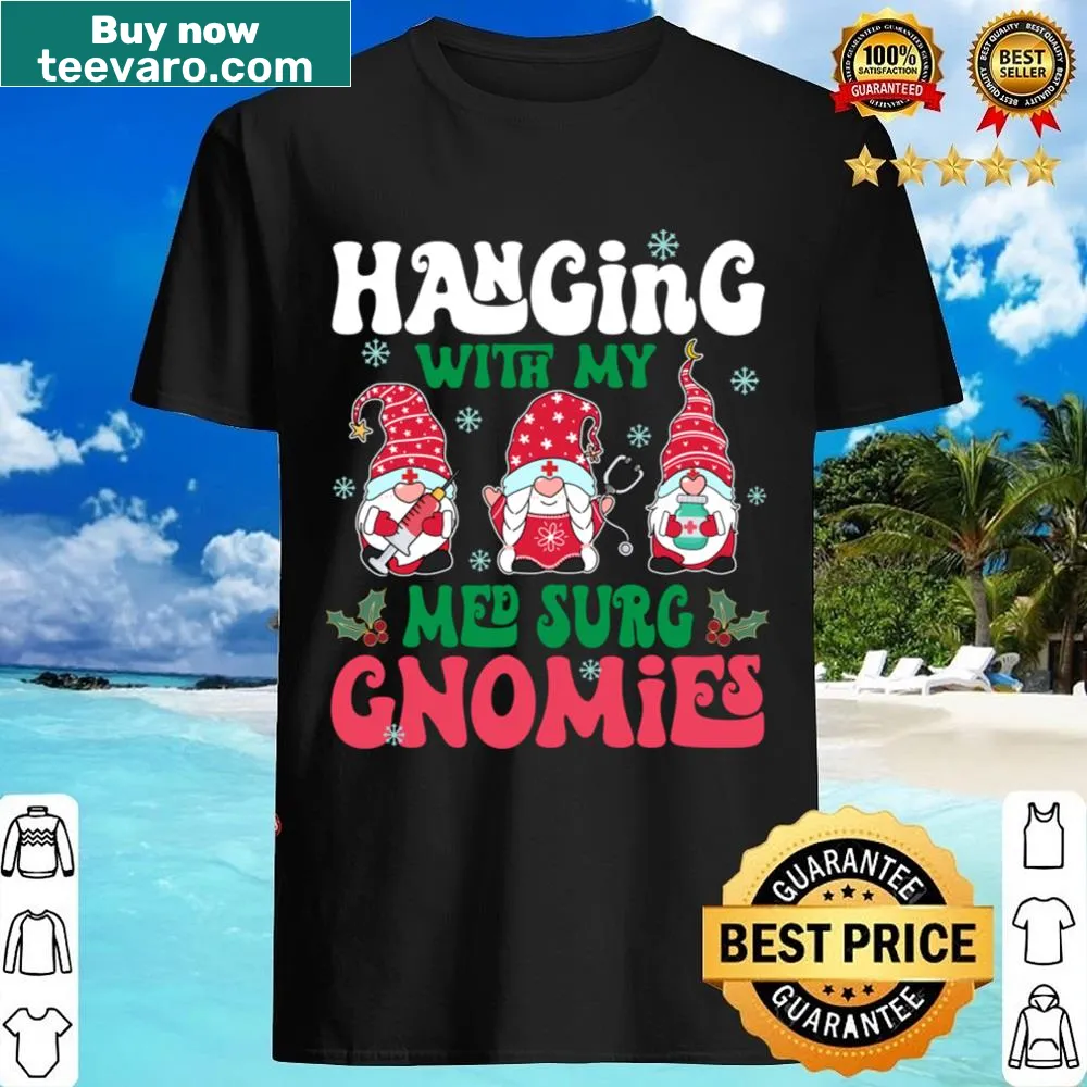 Illustration of gnomes in scrubs celebrating Christmas, perfect for nurses.