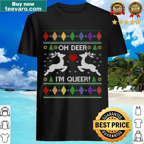 Cute cartoon reindeer design with text 'Oh Deer I'm Queer' on a t-shirt.